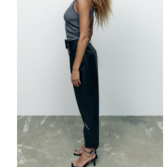NWT ZARA BELTED FAUX LEATHER PANTS black - Picture 3 of 7